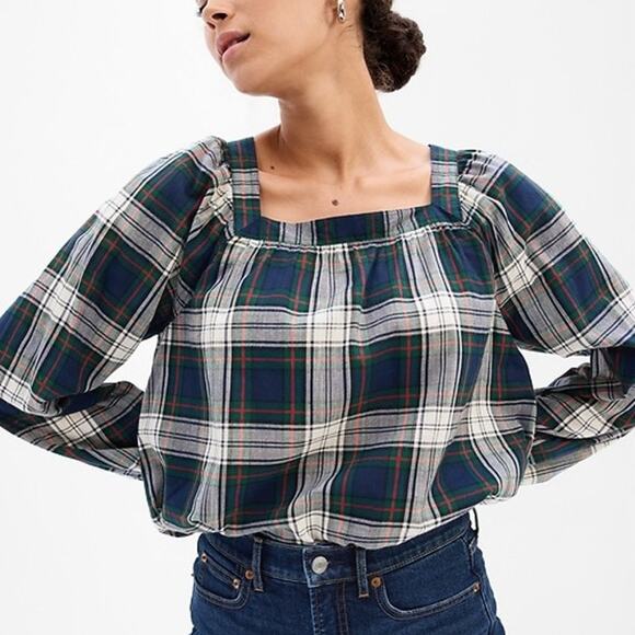 GAP Tops - Gap NEW Holiday Plaid Square Neck Long Sleeve Flowy Peasant Top Women Medium